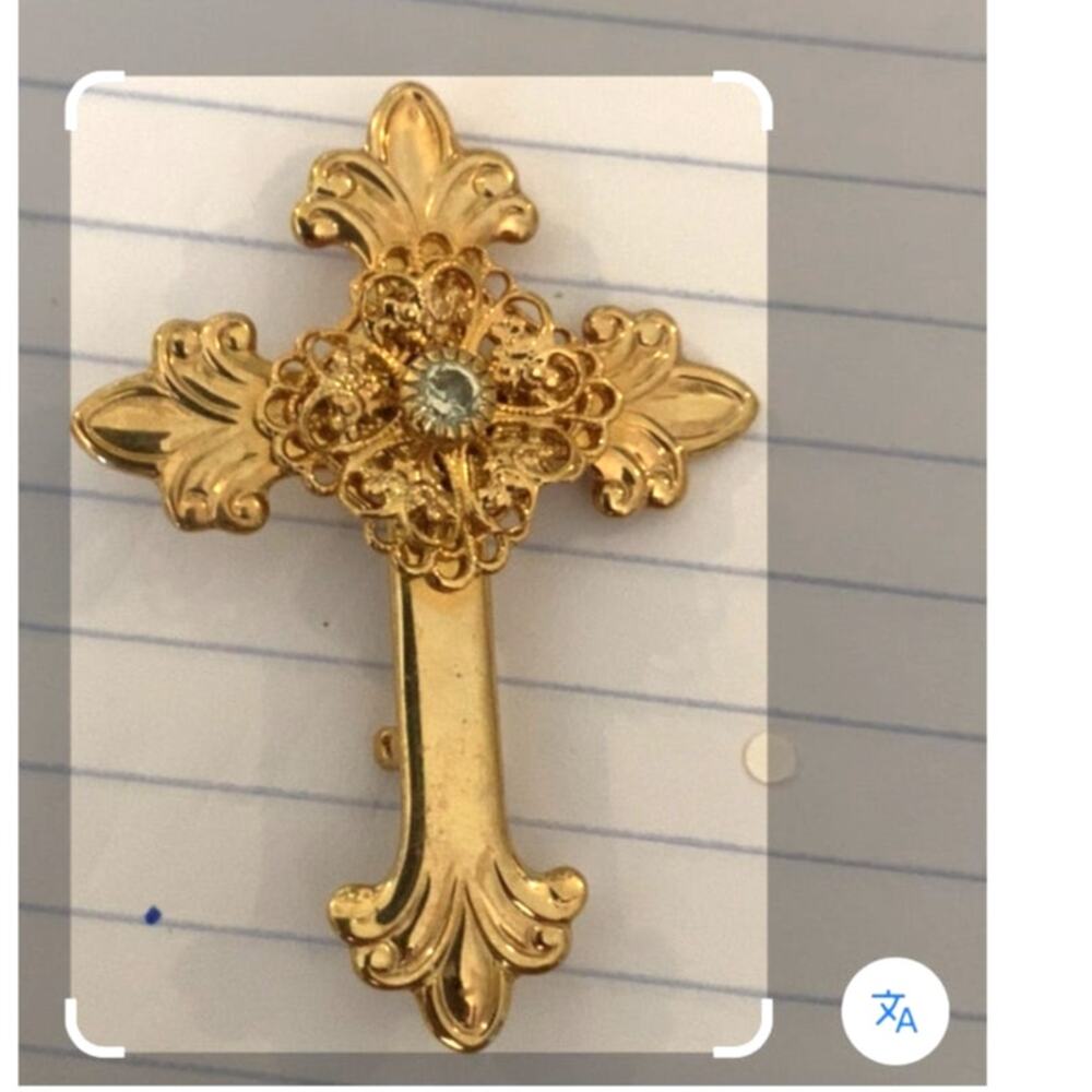 Vintage Gold tone Filigree Cross Brooch Signed "Jane 1998 AOL"